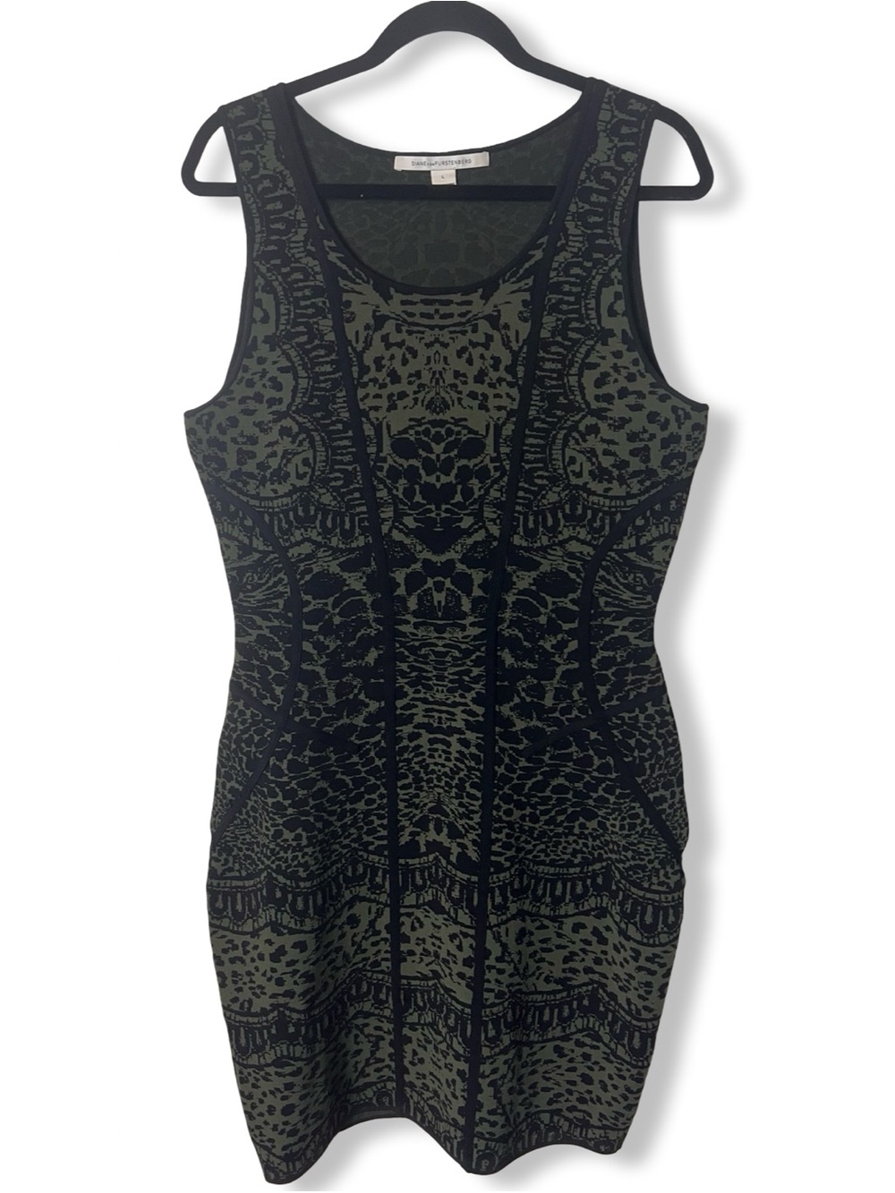 Diane Von Furstenberg Cairo Animal Print Knit Tank Dress Black Olive Green L‎
